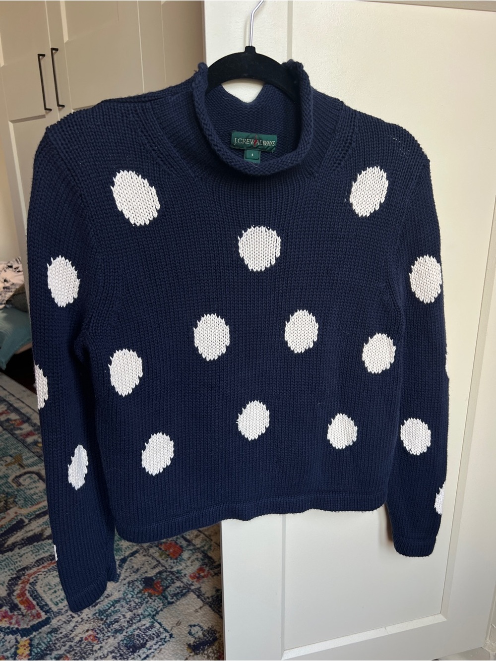 J.Crew Always 1988 Cropped Rollneck Sweater in Polka Dot Navy - Size S